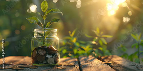 A beautiful plant in a glass jar on a wooden table with forest and sunset on the background. photo