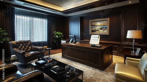 Wallpaper Mural A sophisticated office space featuring a desk, chairs, and decorative elements. Torontodigital.ca