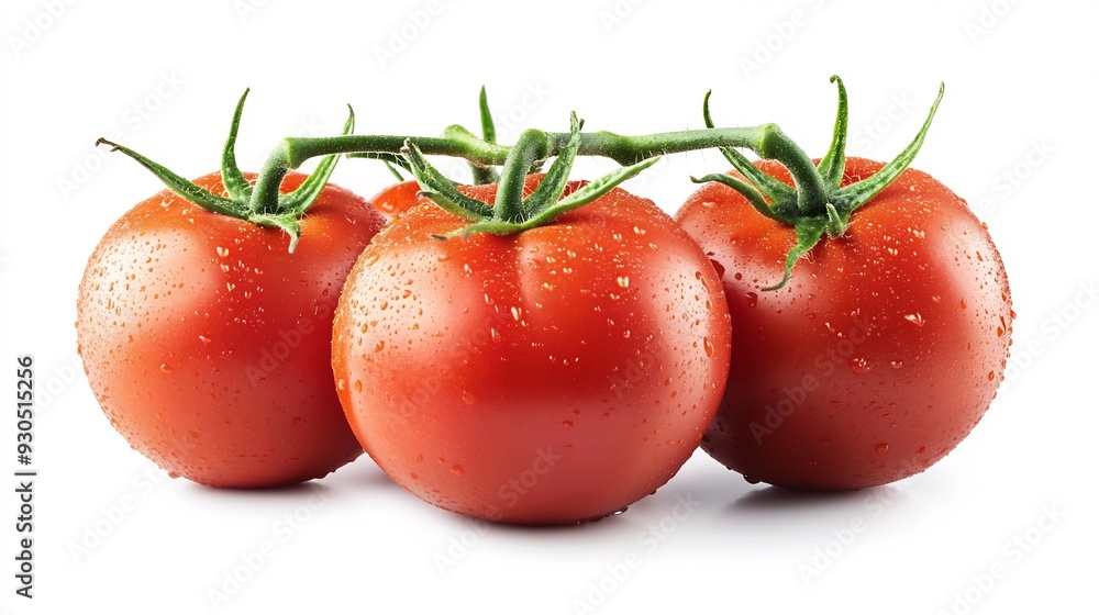 Three Ripe Tomatoes on a Vine with Water Droplets Three Ripe Tomatoes on a Vine with Water Droplets