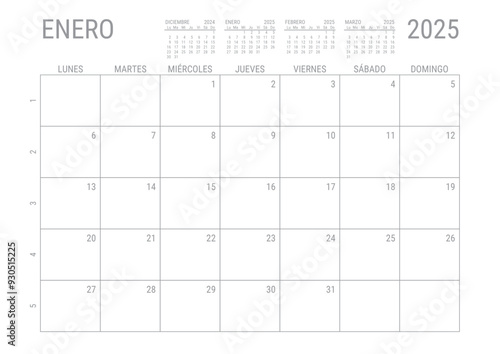 Enero Calendario 2025 Mensual para imprimir con numero de semanas A4	