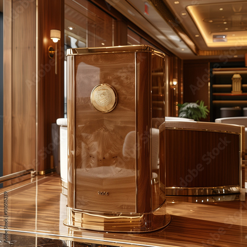 A shiny wooden box elegantly placed on a table, reflecting light and showcasing its polished surface. 
