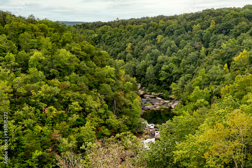 Amidst lush green summer forests, a pool of water in the rocky riverbed is seen from the Lynn Overlook on the Little River Canyon Rim Parkway., a scenic drive along the National Preserve in Alabama.