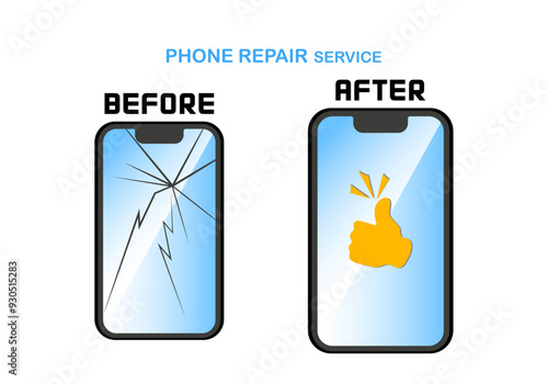 Phone repair service banner template. Smartphones with broken and good screens. Before and After. Advertising concept. Vector illustration