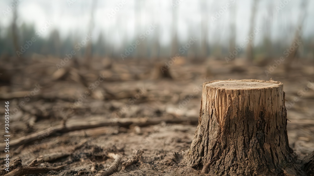 The clear-cut forest with tree stumps and barren land reveals a stark image of deforestation and habitat loss, forcing displaced wildlife to search for shelter in a photo realistic portrayal. The clear-cut forest with tree stumps and barren land reveals a stark image of deforestation and habitat loss, forcing displaced wildlife to search for shelter in a photo realistic portrayal.