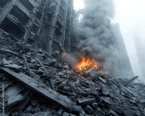 Collapsed factory, rescue workers amidst debris, thick smoke and fires, chaotic industrial accident crisis, intense urgency, photo realistic