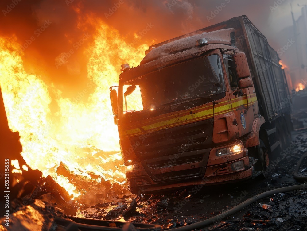 Brave firefighters battling intense flames, smoldering wreckage after explosion, thick smoke, urgent rescue scene, photo realistic Brave firefighters battling intense flames, smoldering wreckage after explosion, thick smoke, urgent rescue scene, photo realistic