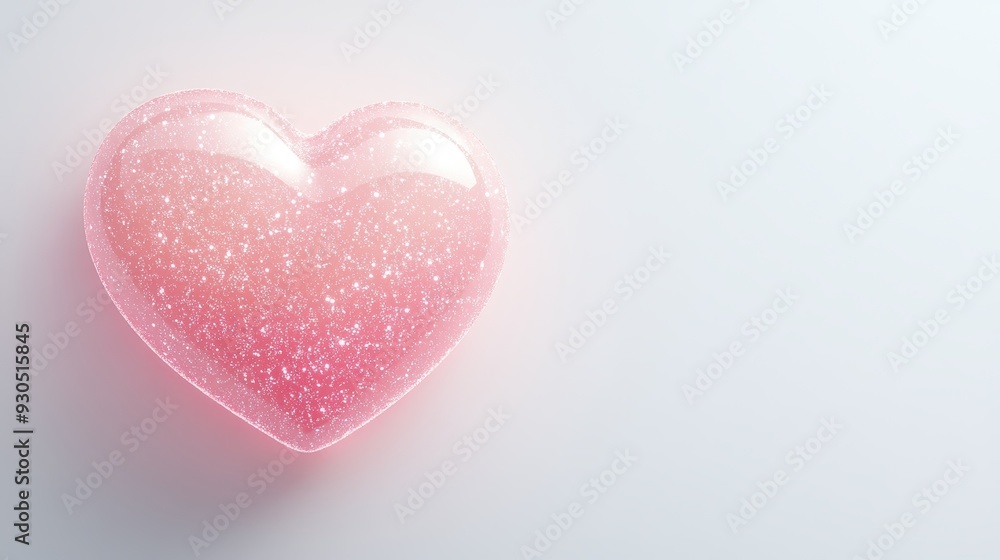 A sparkling pink heart-shaped object with a glossy finish, set against a light background. A sparkling pink heart-shaped object with a glossy finish, set against a light background.