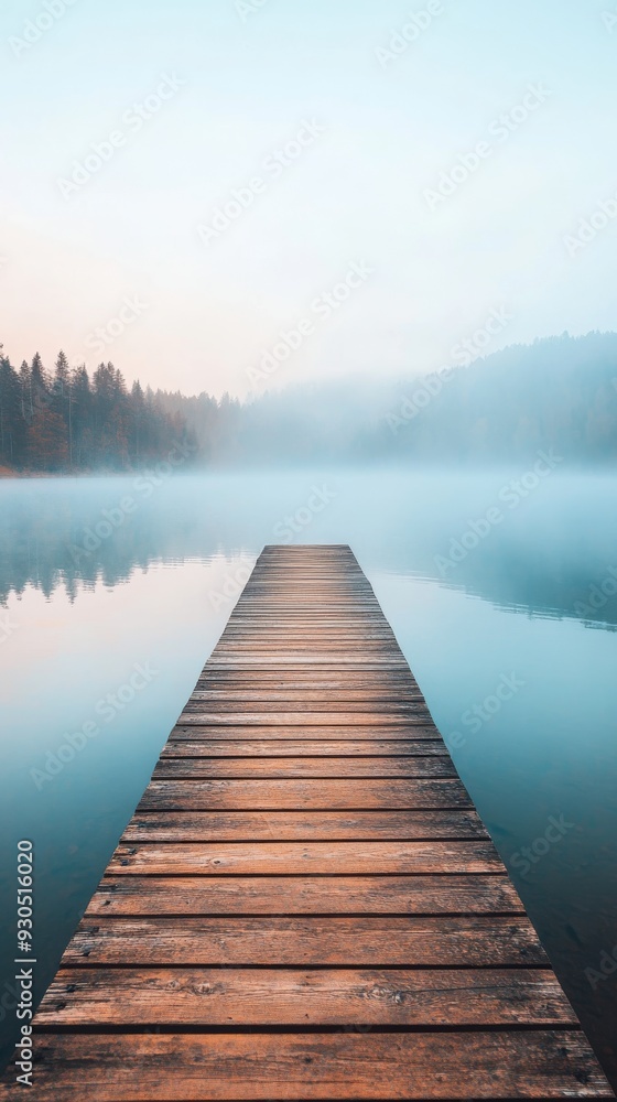 Fototapeta premium Wooden pier stretching into still misty lake on a foggy morning