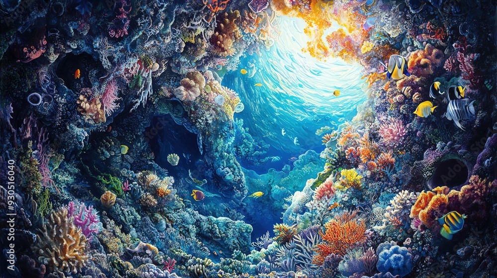 Obraz premium Beneath the ocean's surface, vibrant coral reefs and colorful fish thrive in a stunning underwater environment.