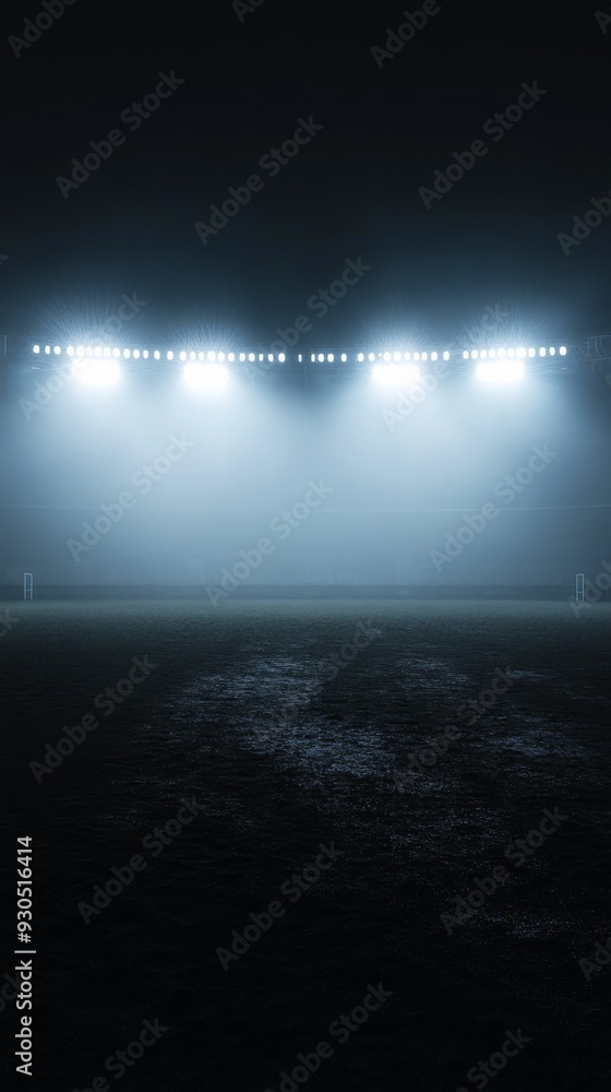 Empty football field illuminated by stadium lights at night