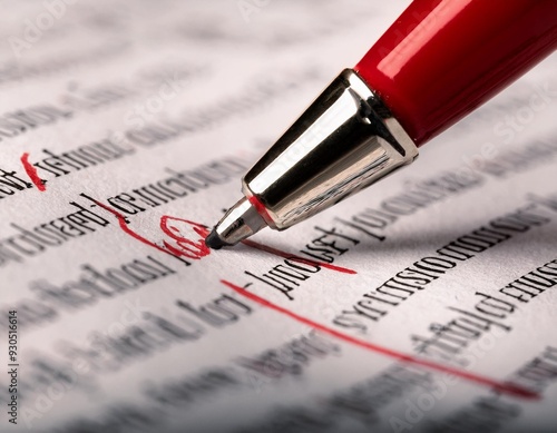 Detailed close-up shot of text being edited with a red pen photo