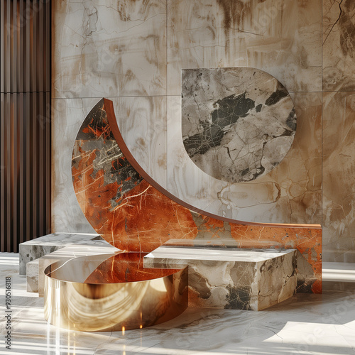 A marble sculpture with a glass box above it, displayed in a hall characterized by marble pillars.
