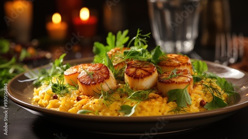 Saffron Risotto with Scallops. Best For Banner, Flyer, and Poster