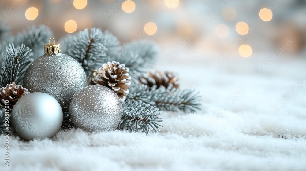 Obraz premium Silver christmas baubles and pine branches lying on the snow with blurred lights in the background