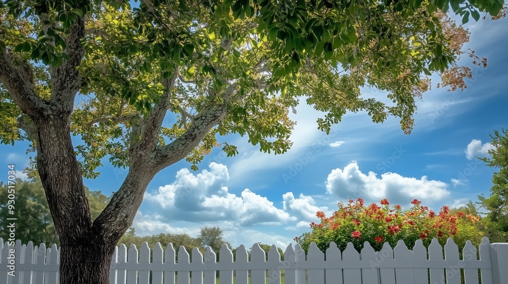 A lush tree arches over a white fence, casting shadows under a vibrant blue sky with blooming flowers. A lush tree arches over a white fence, casting shadows under a vibrant blue sky with blooming flowers.