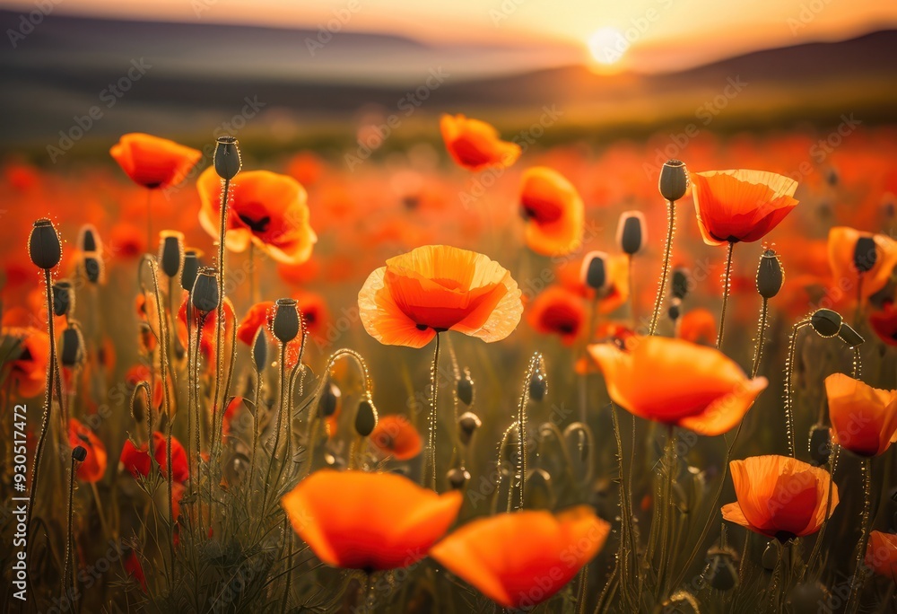 Obraz premium vibrant poppy field bathed sunrise light soft focus effect creating dreamy atmosphere, flowers, bloom, landscape, petals, color, morning, scenery, beauty