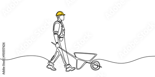 One line drawing of a construction worker with a wheelbarrow. Minimalist continuous line art of a builder and construction equipment. Vector illustration.
