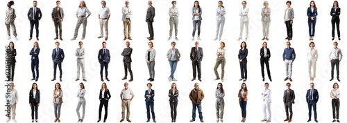 Many business people set isolated background, casual formal attire wear, full body length, networking mixed different diversed businesspeople, happy male female, successful career, crisp edges style photo