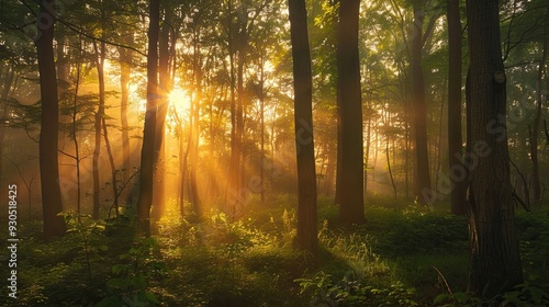 Rays of sunlight shining through the pine forest. Coniferous trees tall and slender. Natural background with summer forest. Illustration for cover, postcard, interior design, poster or presentation. #930518425