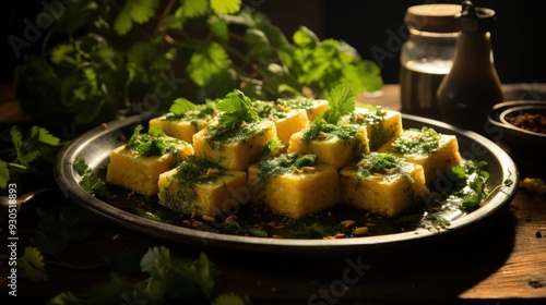 Dhokla with Mint Chutney. Best For Banner, Flyer, and Poster photo