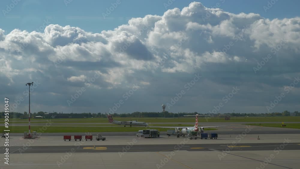 sunny day time warsaw airport traffic runway aircraft boarding preparation panorama 4k poland sunny day time warsaw airport traffic runway aircraft boarding preparation panorama 4k poland