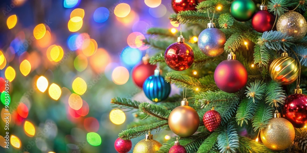 Close up of a festive Christmas tree adorned with colorful ornaments and twinkling lights Close up of a festive Christmas tree adorned with colorful ornaments and twinkling lights