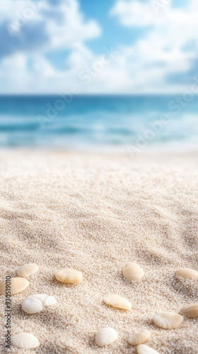 Serene beach scene with soft sand and a calm blue ocean under a bright sky, perfect for themes of relaxation, summer, and tranquility.