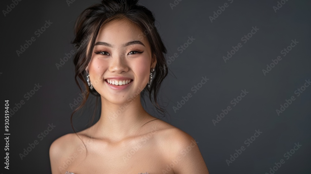 Obraz premium A joyful young woman smiles confidently in an elegant outfit, capturing the essence of beauty and grace against a dark backdrop.