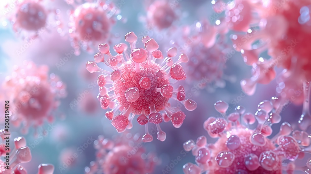 Detailed close-up of a colorful microscopic virus structure with intricate patterns and textures, showcasing its complex biological form. Detailed close-up of a colorful microscopic virus structure with intricate patterns and textures, showcasing its complex biological form.