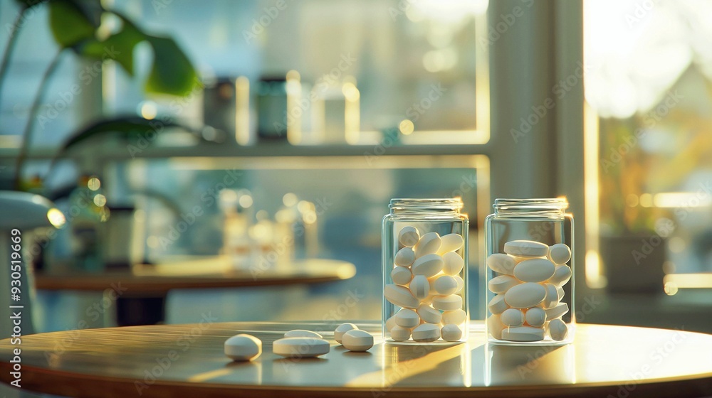 Bottles with medicines and pills on the table in a medical office. 3D rendering. Bottles with medicines and pills on the table in a medical office. 3D rendering.