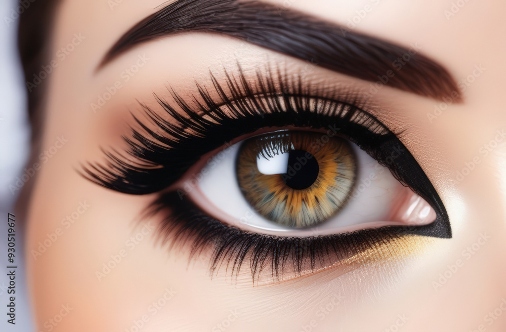 Eyelash extension procedure. Woman eye with long false eyelashes. Close up macro shot of fashion eye visage in in beauty salon. Eyelash extension procedure. Woman eye with long false eyelashes. Close up macro shot of fashion eye visage in in beauty salon.
