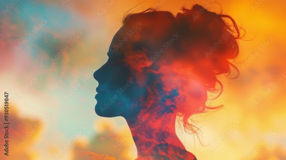 The silhouette of a woman blends with the bright sunrise, emphasizing the colors and light of the dawn. The silhouette of a woman blends with the bright sunrise, emphasizing the colors and light of the dawn.