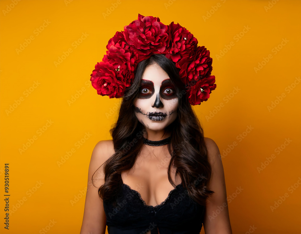 frightened woman wearing halloween makeup dark circles around eyes large red flower wreath standing yellow background frightened woman wearing halloween makeup dark circles around eyes large red flower wreath standing yellow background