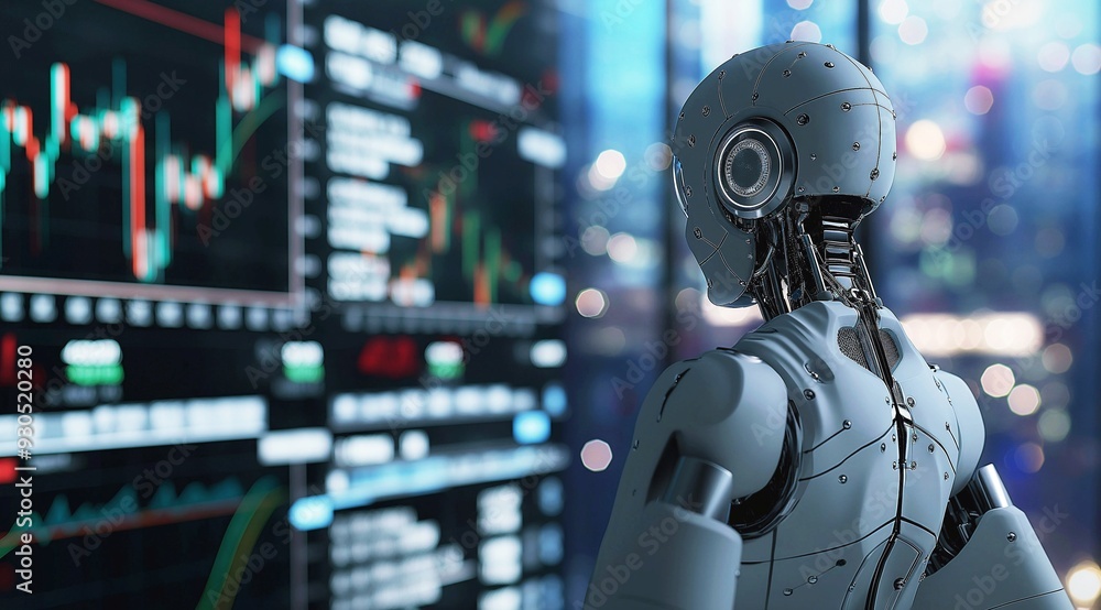 3D rendering of a humanoid robot analyzing a stock market chart with trading charts. Concept of artificial intelligence in financial markets, neon lighting, copy space. 3D rendering of a humanoid robot analyzing a stock market chart with trading charts. Concept of artificial intelligence in financial markets, neon lighting, copy space.