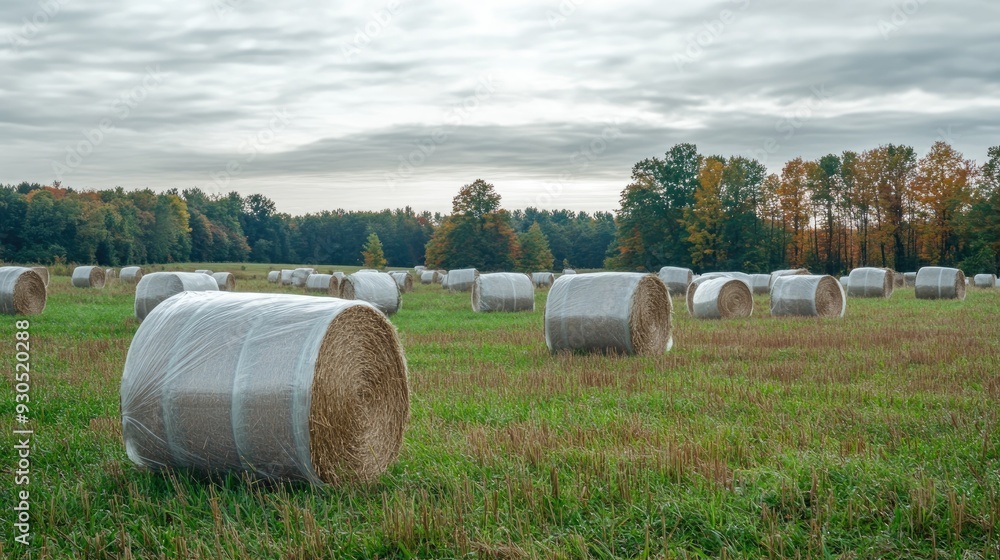 Obraz premium a field of hay bales wrapped in plastic, each covered to protect from rain