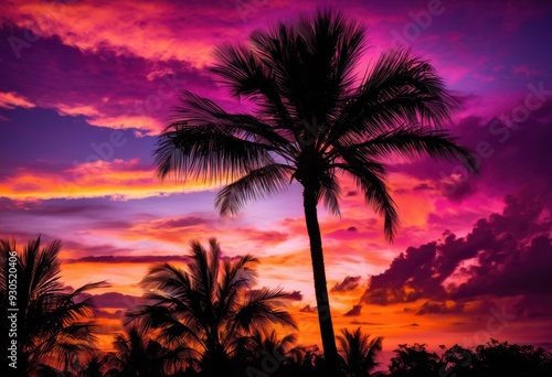 silhouette palm tree vibrant sunset rich hues purple blending beautifully sky, orange, pink, nature, landscape, evening, light, beauty, clouds, view