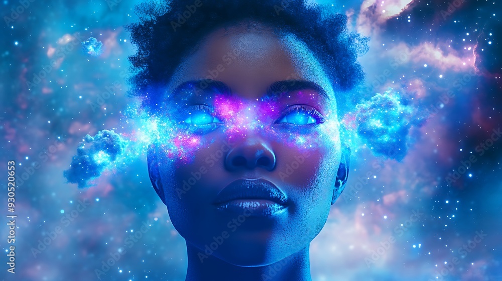 Cosmic Goddess: Black Woman with Nebula Hands and Celestial Eyes in Galactic Universe - 3D Render Cosmic Goddess: Black Woman with Nebula Hands and Celestial Eyes in Galactic Universe - 3D Render