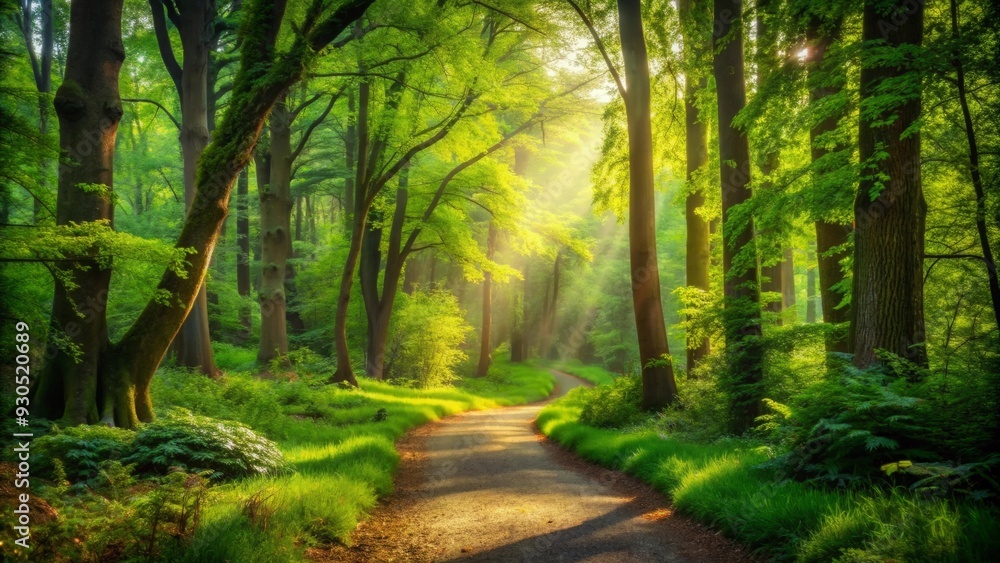 Fototapeta premium Tranquil forest scene with a meandering path leading into the trees, surrounded by lush greenery and peaceful ambiance