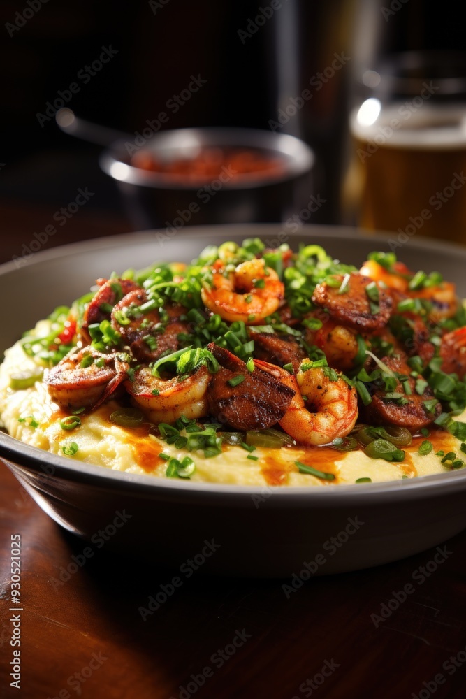 Shrimp and Grits with Andouille Sausage. Best For Banner, Flyer, and Poster Shrimp and Grits with Andouille Sausage. Best For Banner, Flyer, and Poster