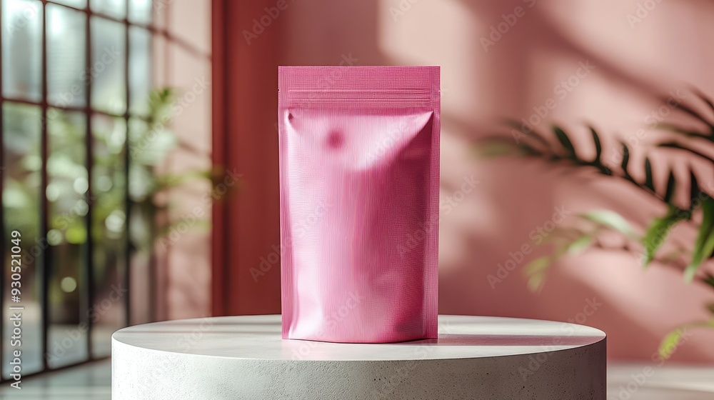Pink Coffee Packaging Bag Mockup on White Concrete Podium with Sunlight and Shadow - Studio Lighting, Product Photography Pink Coffee Packaging Bag Mockup on White Concrete Podium with Sunlight and Shadow - Studio Lighting, Product Photography