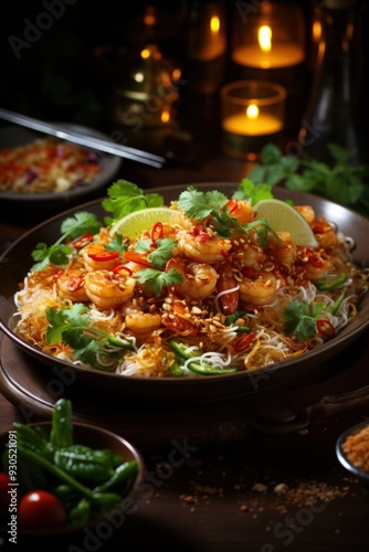 Shrimp Pad Thai with Crushed Peanuts. Best For Banner, Flyer, and Poster