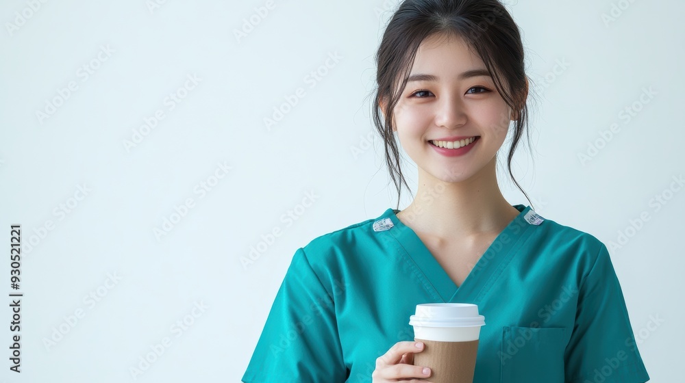 A young Asian nurse radiates positivity in teal scrubs, smiling with her hand in her pocket while looking at the camera against a white background. A young Asian nurse radiates positivity in teal scrubs, smiling with her hand in her pocket while looking at the camera against a white background.