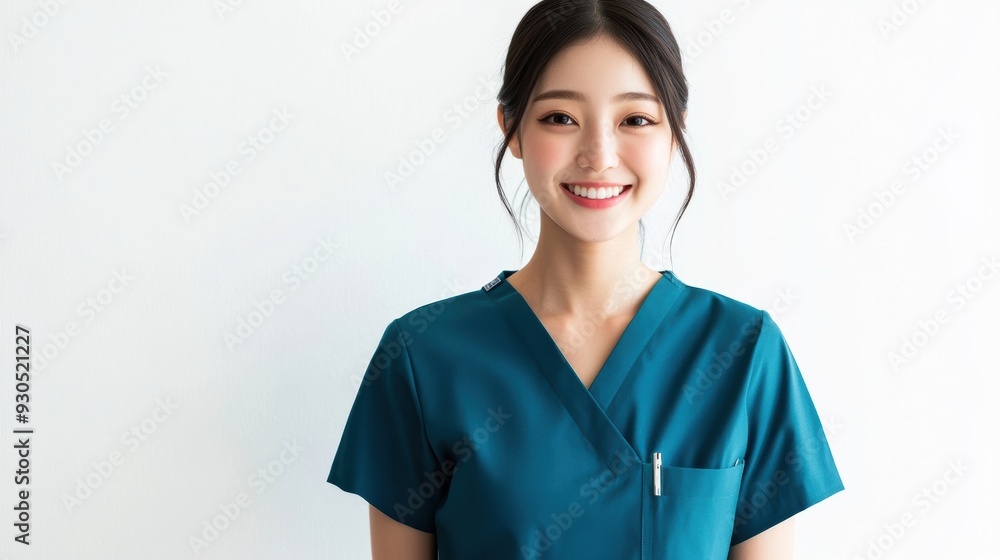 A young Asian nurse radiates positivity in teal scrubs, smiling with her hand in her pocket while looking at the camera against a white background. A young Asian nurse radiates positivity in teal scrubs, smiling with her hand in her pocket while looking at the camera against a white background.