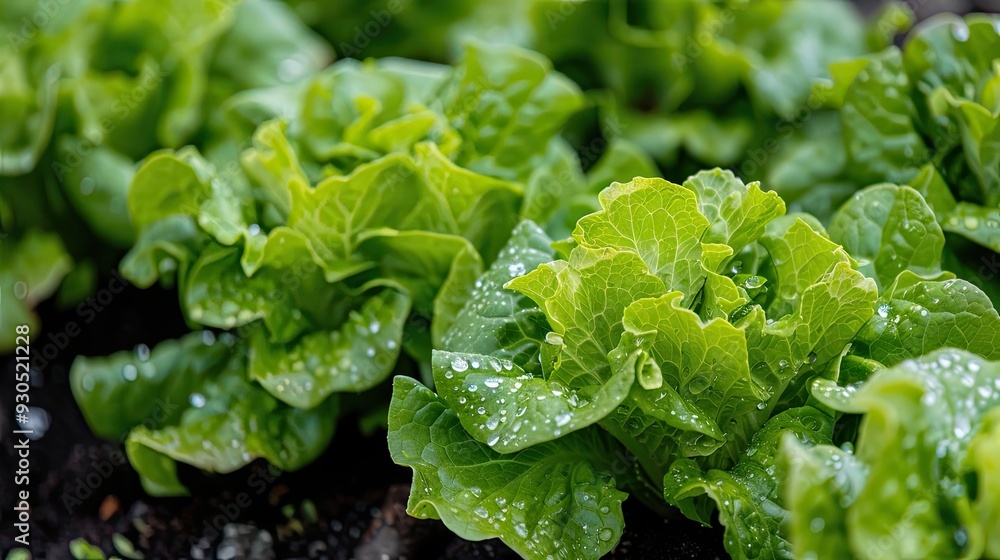 Fresh organic lettuce or kale grows on the bed. The vegetable garden greens have a fresh and appetizing appearance. Spicy herbs in the vegetable garden. Illustration for cover, card, interior design. Fresh organic lettuce or kale grows on the bed. The vegetable garden greens have a fresh and appetizing appearance. Spicy herbs in the vegetable garden. Illustration for cover, card, interior design.
