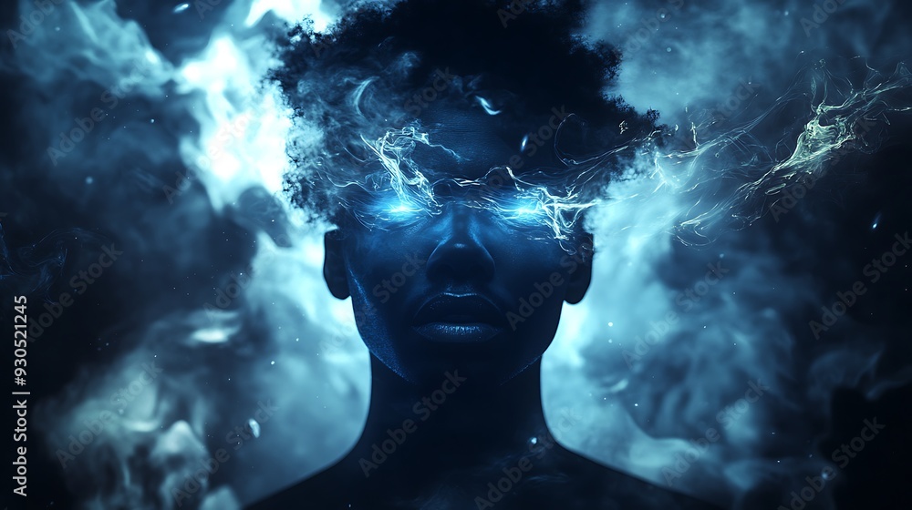 Enigmatic Black Man with Glowing Indigo Eyes in Mystical Aura | 3D Render of Mysterious Figure Surrounded by Shadows and Ethereal Lights Enigmatic Black Man with Glowing Indigo Eyes in Mystical Aura | 3D Render of Mysterious Figure Surrounded by Shadows and Ethereal Lights