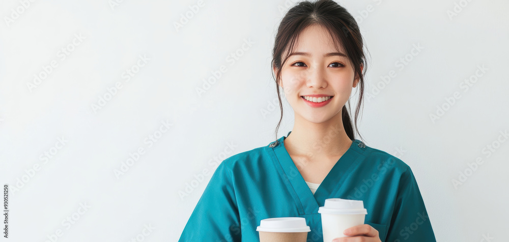 A young Asian nurse radiates positivity in teal scrubs, smiling with her hand in her pocket while looking at the camera against a white background. A young Asian nurse radiates positivity in teal scrubs, smiling with her hand in her pocket while looking at the camera against a white background.