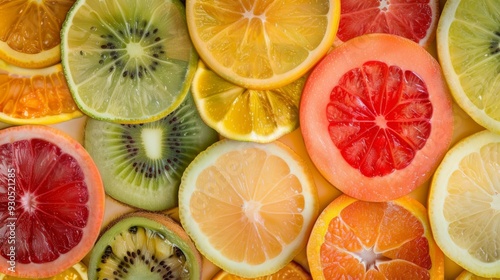 Variety of sliced fruit arranged in a pattern