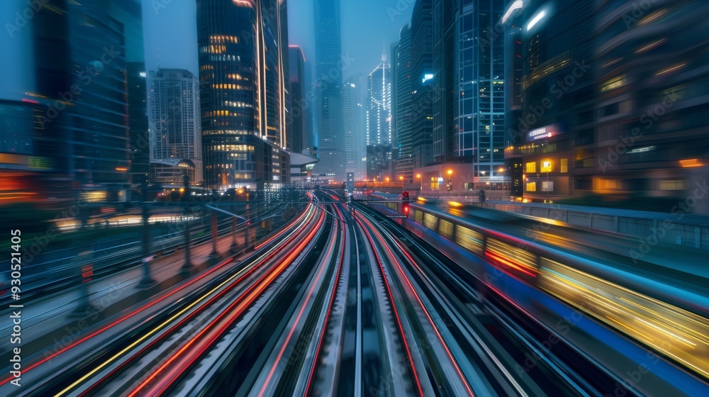 Fototapeta premium Urban skyline with light trails from fast-moving trains