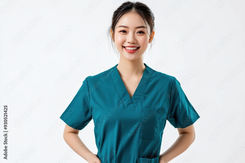 A young Asian nurse radiates positivity in teal scrubs, smiling with her hand in her pocket while looking at the camera against a white background. A young Asian nurse radiates positivity in teal scrubs, smiling with her hand in her pocket while looking at the camera against a white background.