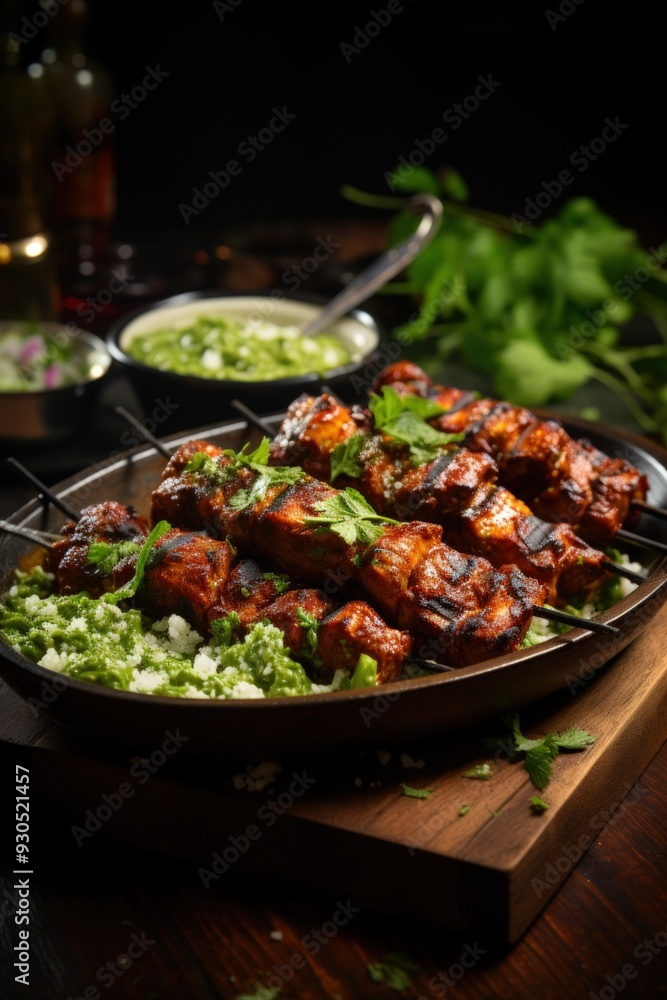 Tandoori Chicken Skewers with Mint Chutney. Best For Banner, Flyer, and Poster Tandoori Chicken Skewers with Mint Chutney. Best For Banner, Flyer, and Poster